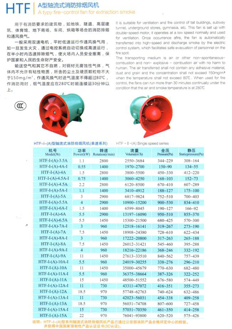 HTF-A型轴流式消防排烟风机参数